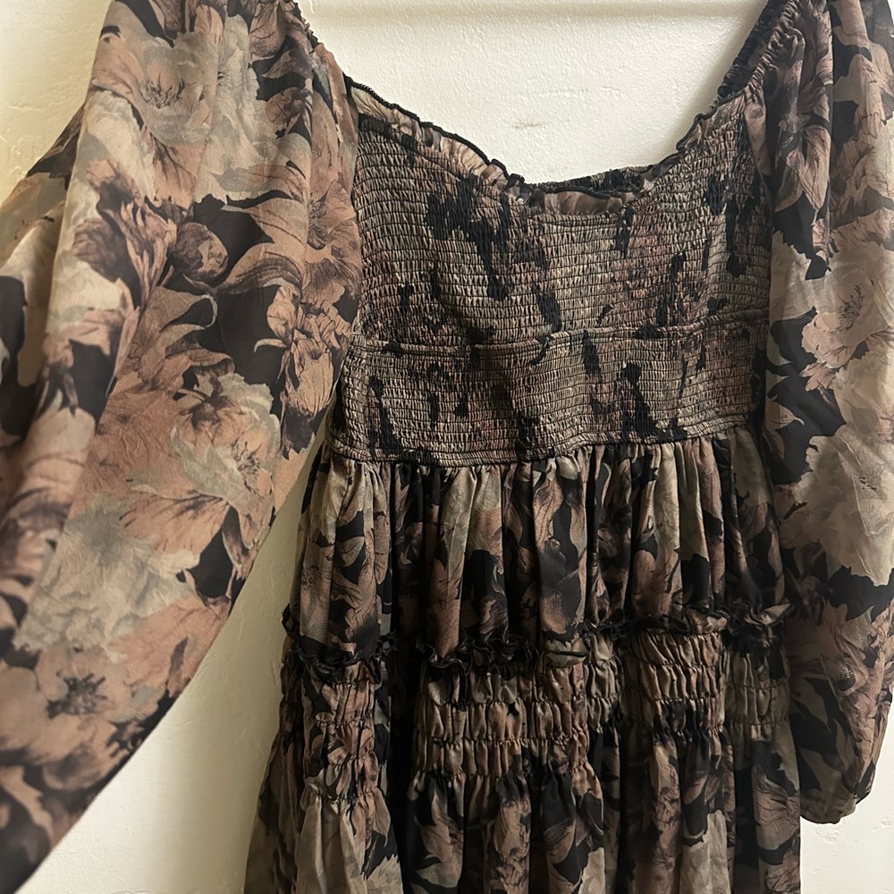 Carly Jean Los Angeles Smocked long sleeve Dress in Brown and Black